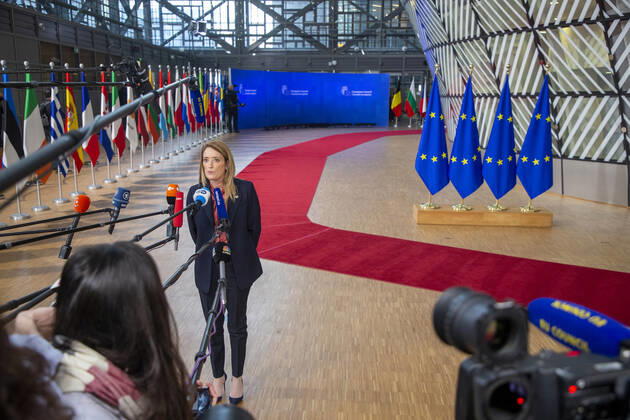 European Parliament chairwoman Roberta Metsola pictured at the arrivals ahead of the European council summit, in Brussels, Thursday 15 December 2022. NICOLASxMAETERLINCK 56285359