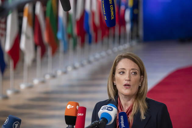 European Parliament chairwoman Roberta Metsola pictured at the arrivals ahead of the European council summit, in Brussels, Thursday 15 December 2022. NICOLASxMAETERLINCK 56285390