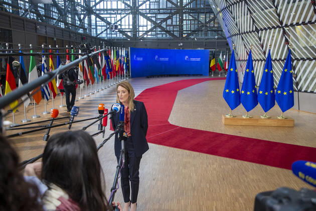 European Parliament chairwoman Roberta Metsola pictured at the arrivals ahead of the European council summit, in Brussels, Thursday 15 December 2022. NICOLASxMAETERLINCK 56285405
