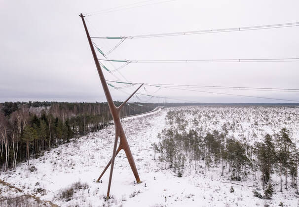 Estland, Erster estnische Designer-Hochspannungsmast Soorebane bei Risti 22.12.2022, Rouma The first Estonian designer highvoltage pylon Soorebane (Bog Fox), Estonia™s first designer highvoltage pylon, was ordered by Elering and completed in July 2020 near Risti small town in Lääne County. Soorebane, built near the region of the intersection of Ääsmäe-Haapsalu and Risti-Virtsu highways, is 45 metres high and weighs 38.5 tons. The designer pylon has been made of COR-TEN steel, which gives the pylon its characteristic rusty hue. The diameter of the trunk of the pylon is 1.66 metres at the thickest part and the maximum thickness of the wall is 22 millimetres. The authors are Part OÜ architects Sille Pihlak and Siim Tuksam Photo Mihkel Maripuu, Postimees Rouma Läänemaa Estonia 1MM26DEC22O18  Copyright: xMihkelxMaripuux Designer highvoltage pylon