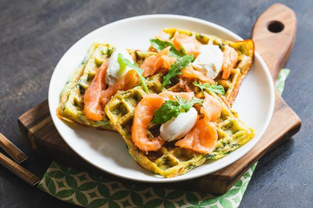  Belgian waffles with zucchini and greens with cottage cheese and salted salmon, Belgian waffles with zucchini and greens with cottage cheese and salted salmon., Belgian waffles with zucchini and greens with cottage cheese and salted salmon., 02.10.2022, Copyright: xIvannax Panthermedia32165030.jpg