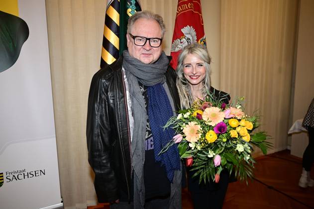 Heinz Rudolf Kunze und Sarah Lesch bei der Verleihung des Lessing-Preises 2023 des Freistaates Sachsen im Rathaus. Kamenz, 21.01.2023