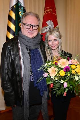 Heinz Rudolf Kunze und Sarah Lesch bei der Verleihung des Lessing-Preises 2023 des Freistaates Sachsen im Rathaus. Kamenz, 21.01.2023