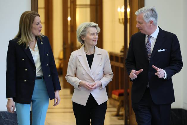 European Parliament chairwoman Roberta Metsola, European Commission president Ursula Von der Leyen and King Philippe - Filip of Belgium pictured at an audience with the King, ahead of the New Year s reception organized by the Royal Family at the Royal Palace in Brussels for the heads of the European institutions and the diplomats and chiefs of mission (ambassadors and consuls) accredited to the European institutions, Tuesday 24 January 2023. BENOITxDOPPAGNE 58694751