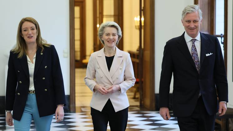 European Parliament chairwoman Roberta Metsola, European Commission president Ursula Von der Leyen and King Philippe - Filip of Belgium pictured at an audience with the King, ahead of the New Year s reception organized by the Royal Family at the Royal Palace in Brussels for the heads of the European institutions and the diplomats and chiefs of mission (ambassadors and consuls) accredited to the European institutions, Tuesday 24 January 2023. BENOITxDOPPAGNE 58694768