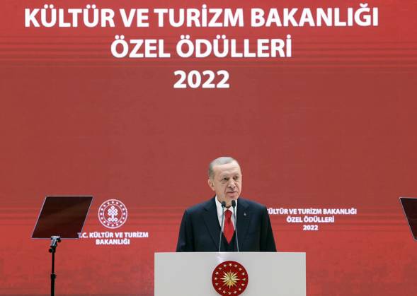 Turkish President Recep Tayyip Erdogan participates in the award ceremony of the Ministry of Culture and Tourism, in Ankara Turkish President Recep Tayyip Erdogan participates in the award ceremony of the Ministry of Culture and Tourism, in Ankara on January 24, 2023. Photo by Turkish presidency apaimages Ankara Ankara Turkey 240123_Ankara_TP_00 (2) Copyright: xapaimagesxTurkishxpresidencyx xapaimagesx
