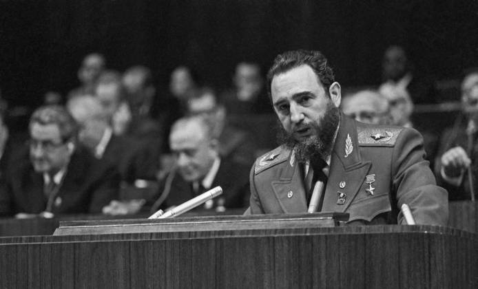 Moscow, USSR. Head of the Communist Party of Cuba (PCC) delegation, First Secretary of the Central Committee of the PCC, Prime Minister of the Revolutionary Government of the Republic of Cuba Fidel Alejandro Castro Ruz addresses the 25th Congress of the Communist Party of the Soviet Union at the Kremlin Palace of Congresses. Viktor Koshevoi TASS  548696