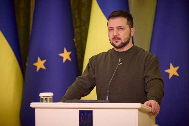 February 2, 2023, Kyiv, Ukraine: Ukrainian President VOLODYMYR ZELENSKYY during a joint press conference at the Mariinskyi Palace in Kyiv, Ukraine. Zelenskyy hosted a delegation for a European Union summit meeting. Kyiv Ukraine - ZUMAz03_ 20230202_int_z03_082 Copyright: xUkrainexPresidencyx