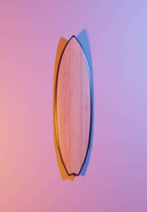 RECORD DATE NOT STATED Surfboard with blue and orange light on a pink background, 3d rendering