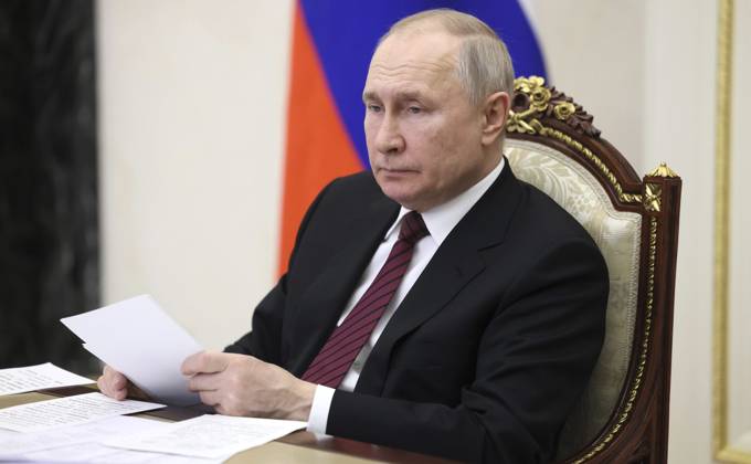 February 8, 2023, Moscow, Moscow Oblast, Russia: Russian President Vladimir Putin chairs a remote meeting of the Council for Science and Education via video conference from the Kremlin, February 8, 2023 in Moscow, Russia. Moscow Russia - ZUMAp138 20230208_zaa_p138_032 Copyright: xMikhailxMetzel KremlinxPoolx