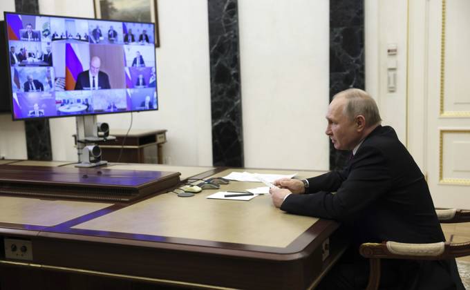 February 8, 2023, Moscow, Moscow Oblast, Russia: Russian President Vladimir Putin chairs a remote meeting of the Council for Science and Education via video conference from the Kremlin, February 8, 2023 in Moscow, Russia. Moscow Russia - ZUMAp138 20230208_zaa_p138_033 Copyright: xMikhailxMetzel KremlinxPoolx