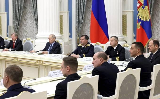 February 9, 2023, Moscow, Moscow Oblast, Russia: Russian President Vladimir Putin, left, chairs a meeting with representatives of the professional aviation community to mark the 100th anniversary of domestic civil aviation at the State Kremlin Palace, February 9, 2023 in Moscow, Russia. Moscow Russia - ZUMAp138 20230209_zaa_p138_040 Copyright: xMikhailxMetzel KremlinxPoolx