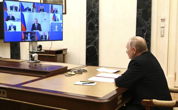 February 8, 2023, Moscow, Moscow Oblast, Russia: Russian President Vladimir Putin chairs a virtual meeting of the permanent members of the Security Council from the Kremlin, February 8, 2023 in Moscow, Russia. Moscow Russia - ZUMAp138 20230208_zaa_p138_127 Copyright: xMikhailxMetzel KremlinxPoolx