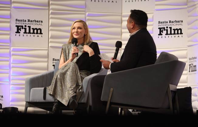 10 February 2023 -Santa Barbara, California - Cate Blanchett, Scott Feinberg. Outstanding Performer of the Year Award - 38th Annual Santa Barbara International Film Festival held at The Arlington Theatre in Santa Barbara. Santa Barbara USA - ZUMAa123 20230210_zaa_a123_111 Copyright: xFSx
