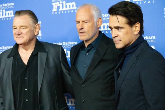 February 16, 2023, Santa Barbara, California, U.S: Colin Farrell (right) arrives on the Red Carpet on the Red Carpet at the Santa Barbara International Film Festival, February 16, 2023, at the historic Arlington Theater in Santa Barbara. Farrell and co-star Brendan Gleeson (left) are being honored with the Cinema Vanguard Award for their performances in Banshees of insherin. ..Martin McDonagh (center) will be presenting the award. Santa Barbara U.S. - ZUMAk144 20230216_znp_k144_108 Copyright: xAmyxKatzx