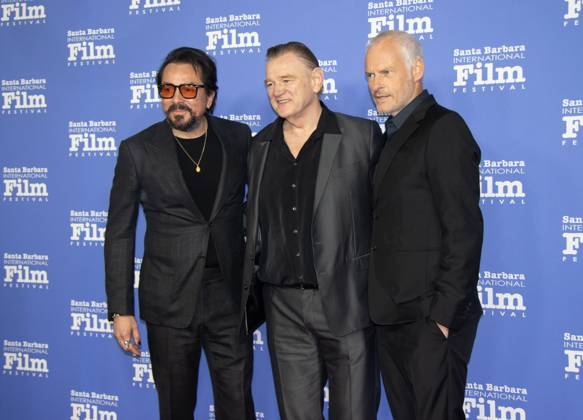 February 16, 2023, Santa Barbara, California, U.S: Colin Farrell (right) arrives on the Red Carpet on the Red Carpet at the Santa Barbara International Film Festival, February 16, 2023, at the historic Arlington Theater in Santa Barbara. Farrell and co-star Brendan Gleeson (left) are being honored with the Cinema Vanguard Award for their performances in Banshees of insherin. ..Martin McDonagh (center) will be presenting the award. Santa Barbara U.S. - ZUMAk144 20230216_znp_k144_146 Copyright: xAmyxKatzx