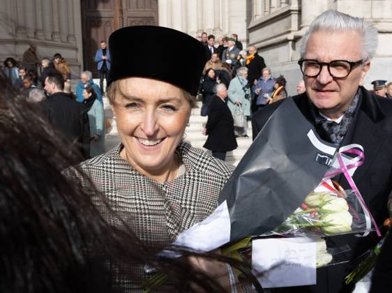 Prince Laurent and Princess Claire of Belgium pictured after a special Mass to commemorate the deceased members of the Belgian Royal Family, at the Onze-Lieve-Vrouwkerk - Eglise Notre-Dame, in Laeken-Laken, Brussels, Friday 17 February 2023.  BENOITxDOPPAGNE 60119444