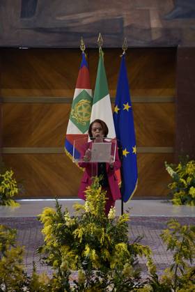35th year of the Marisa Bellisario Award Rome Italy. 24 February 2023. Lella Golfo, president of the Maria Bellisario Foundation, speaks at the ceremony for the 35th year of the establishment of the Maria Bellissario Prize. The award is given annually to women who have distinguished themselves in the profession, in management, in science, in the economy and in Italian and international social life. Rome Italy Copyright: xVincenzoxNuzzolesex vnuzzolese_roma_24_02_2023_11