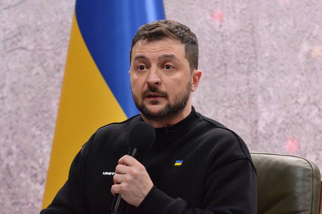 February 24, 2023, Kyiv, Ukraine: Ukrainian President Volodymyr Zelenskyy speaks to the media during a press conference as Ukraine marks one year since Russia s large-scale invasion. Ukrainian President Volodymyr Zelenskyy held a press conference in Kyiv on the first anniversary of the Russian invasion of Ukraine. The Ukrainian President has largely remained in Kyiv since Russia launched its full-scale attack one year ago, making occasional visits to troops in frontline areas and a few high-profile trips to allied countries to lobby for military aid. Kyiv Ukraine - ZUMAs197 20230224_zaa_s197_310 Copyright: xAleksandrxGusevx