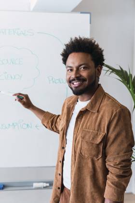 Smiling businessman planing strategy standing in front of whiteboard in office model released, Symbolfoto property released, PNAF04927