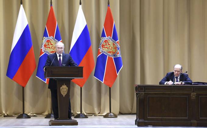 February 28, 2023, Moscow, Moscow Oblast, Russia: Russian President Vladimir Putin, left, delivers remark at the annual meeting of the Federal Security Service Board as FSB Director Alexander Bortnikov, right, looks on, February 28, 2023 in Moscow, Russia. Moscow Russia - ZUMAp138 20230228_zaa_p138_002 Copyright: xGavriilxGrigorov KremlinxPoolx