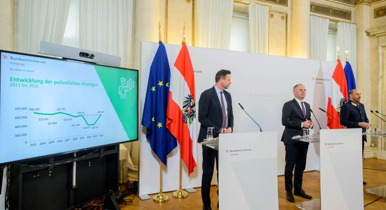 20230306 Praesentation der Kriminalstatistik 2022 WIEN, OESTERREICH - 6. MAERZ: Direktor des Bundeskriminalamtes Andreas Holzer, Innenminister Gerhard Karner (OEVP) und Generaldirektor fuer die oeffentliche Sicherheit Franz Ruf bei der Praesentation der Kriminalstatistik 2022 im Innenministerium am 6. Maerz, 2023 in Wien, Oesterreich. 230306_SEPA_32_018 Copyright: xMartinxJuenx SEPAxMedia