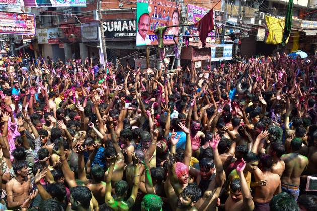 March 8, 2023, Prayagraj, Uttar Pradesh, India: Prayagraj: People dance during Holi festival Celebration in Prayagraj on Wednesday, March 08, 2023. Prayagraj India - ZUMAv115 20230308_zap_v115_002 Copyright: xPrabhatxKumarxVermax