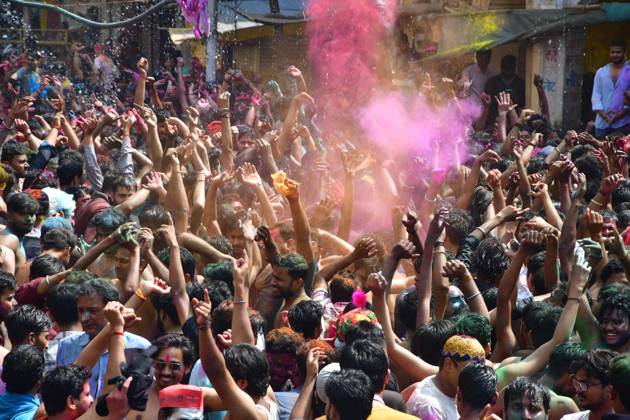 March 8, 2023, Prayagraj, Uttar Pradesh, India: Prayagraj: People dance during Holi festival Celebration in Prayagraj on Wednesday, March 08, 2023. Prayagraj India - ZUMAv115 20230308_zap_v115_004 Copyright: xPrabhatxKumarxVermax