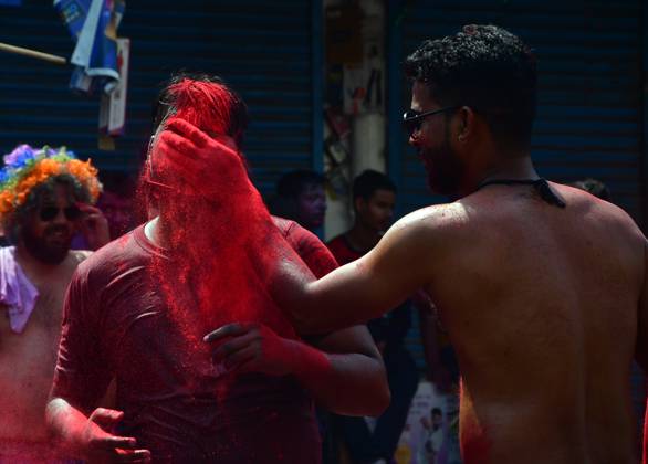 March 8, 2023, Prayagraj, Uttar Pradesh, India: Prayagraj: A youth apply color powder to another face during Holi festival Celebration in Prayagraj on Wednesday, March 08, 2023. Prayagraj India - ZUMAv115 20230308_zap_v115_009 Copyright: xPrabhatxKumarxVermax