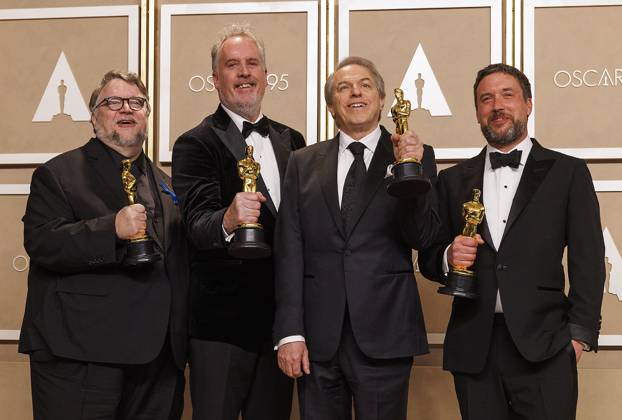 From left, Guillermo Del Toro, Mark Gustafson, Gary Ungar and Alex Bulkley pose with their Oscars for best animated feature film for Pinocchio , in the press room of the 95th edition of the Academy Awards ceremony, at the Dolby Theater in Hollywood, USA, 12 March 2023. 95th edition of the Academy Awards in Hollywood !ACHTUNG: NUR REDAKTIONELLE NUTZUNG!  Copyright: xArmandoxArorizox AME1896 20230313-50c6e24172c80f8a68371ec0d0efbc5ce0cc9ae8
