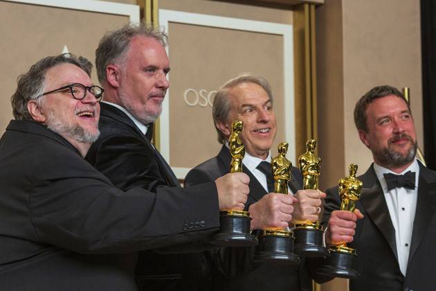 From left, Guillermo Del Toro, Mark Gustafson, Gary Ungar and Alex Bulkley pose with their Oscars for best animated feature film for Pinocchio , in the press room of the 95th edition of the Academy Awards ceremony, at the Dolby Theater in Hollywood, USA, 12 March 2023. 95th edition of the Academy Awards in Hollywood !ACHTUNG: NUR REDAKTIONELLE NUTZUNG!  Copyright: xArmandoxArorizox AME1945 20230313-3f22d1e8351c601abf62b28c89885cdda8133af7