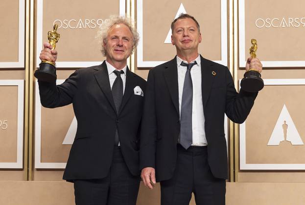 Charlie Mackesy and Matthew Freud pose with their Oscars for Best Animated Short for The Boy, the Mole, the Fox, and the Horse , in the press room of the ceremony of the Academy Awards, today, at the Dolby Theater in Hollywood, USA, 12 March 2023. Charlie Mackesy and Matthew Freud win Best Animated Short Oscar !ACHTUNG: NUR REDAKTIONELLE NUTZUNG!  Copyright: xArmandoxArorizox AME1949 20230313-7484f90c61a546e9b24a2e88df1f50712a21fa4a