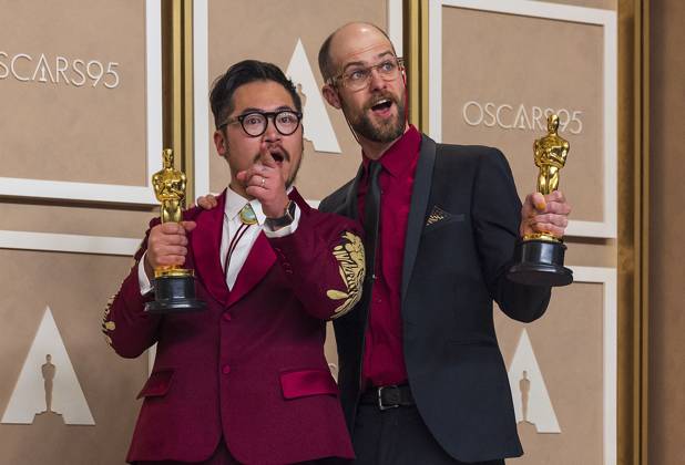 Daniel Kwan and Daniel Scheinert, known as The Daniels, pose with their Best Director Oscars for their work on Everything Everywhere All at Once , in the press room of the 95th edition of the Academy Awards ceremony, at the Dolby Theater in Hollywood, USA, 12 March 2023. 95th edition of the Academy Awards in Hollywood !ACHTUNG: NUR REDAKTIONELLE NUTZUNG!  Copyright: xArmandoxArorizox AME1964 20230313-99705275b2b0040c089dbdd0e6a359ad79bc4f1f