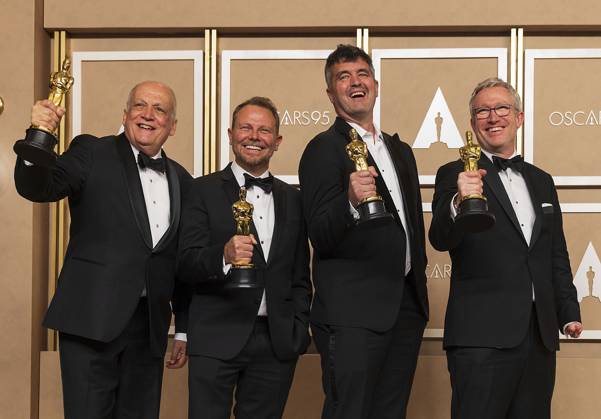 (L-R) Joe Letteri, Richard Baneham, Eric Saidon and Daniel Barrett pose with their Oscars for Best Visual Effects for the film Avatar: The Way of the Water in the press room of the 95th edition of the Academy Awards ceremony, at the Dolby Theater in Hollywood, USA, 12 March 2023. 95th edition of the Academy Awards in Hollywood !ACHTUNG: NUR REDAKTIONELLE NUTZUNG!  Copyright: xArmandoxArorizox AME1980 20230313-5c9aaf78ad9c7ddd827327d949f1b11da058b89c