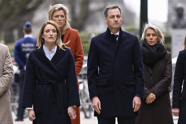 European Parliament chairwoman Roberta Metsola, Interior Minister Annelies Verlinden, Prime Minister Alexander De Croo and Defence minister Ludivine Dedonder pictured during a ceremony at the memorial monument in the Brussels Wetstraat rue de la Loi to commemorate the 2016 terrorist attacks in Brussels, Wednesday 22 March 2023. On March 22 2016, 32 people were killed and 324 got injured in suicide bombings at Zaventem national airport and Maalbeek Maelbeek metro station, which were claimed by ISIL. LAURIExDIEFFEMBACQ 63507414