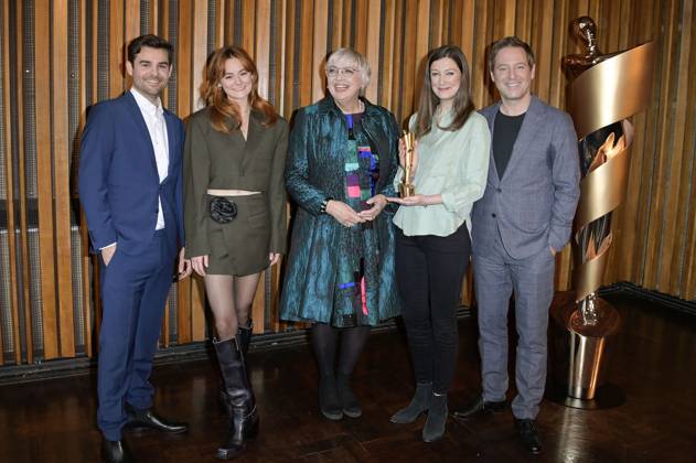 Lucas Reiber, Lea van Acken, Claudia Roth, Alexandra Maria Lara und Florian Gallenberger bei der Bekanntgabe der Nominierungen für den Deutschen Filmpreis 2023 im Kino International. Berlin, 24.03.2023