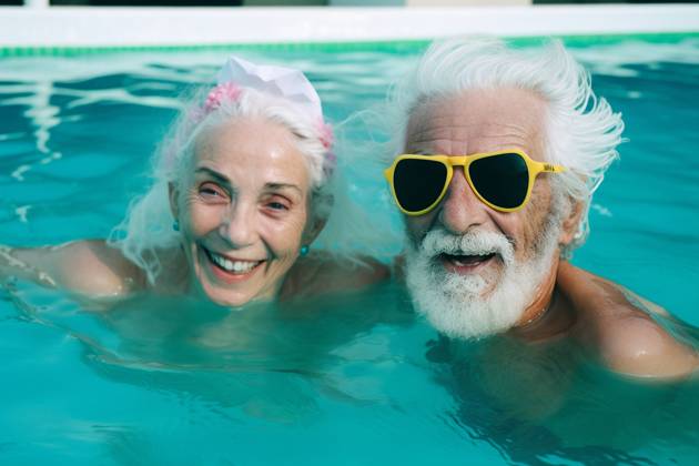 Generative AI. Senior Couple Relaxing In Swimming Pool Together Wroc?aw, Lower Silesian Voivodeship, Poland CR_PJWUOI230405D-1165823-01 ,property released