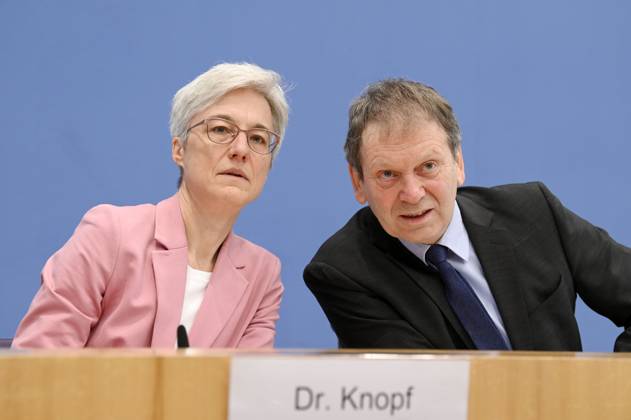 Brigitte Knopf und Hans-Martin Henning bei der Bundespressekonferenz zur Veröffentlichung des Prüfberichts zur Berechnung der deutschen Treibhausgasemissionen für das Jahr 2022 im Haus der Bundespressekonferenz. Berlin, 17.04.2023