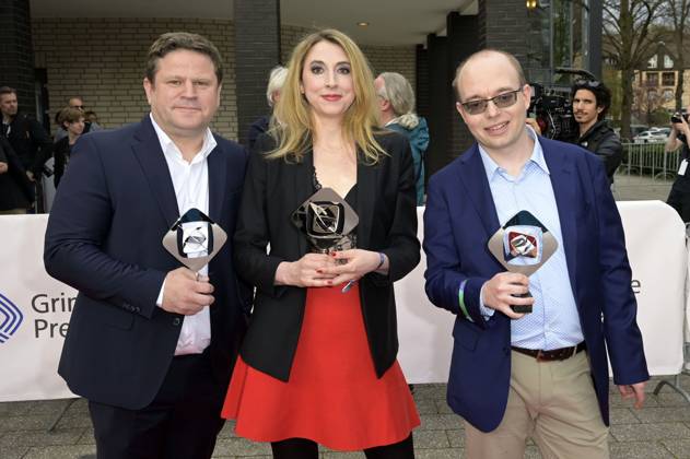 Georg Heil, Lisa Wandt und Silvio Duwe bei der 59. Verleihung des Grimme Preises 2023 im Theater der Stadt Marl. Marl, 21.04.2023