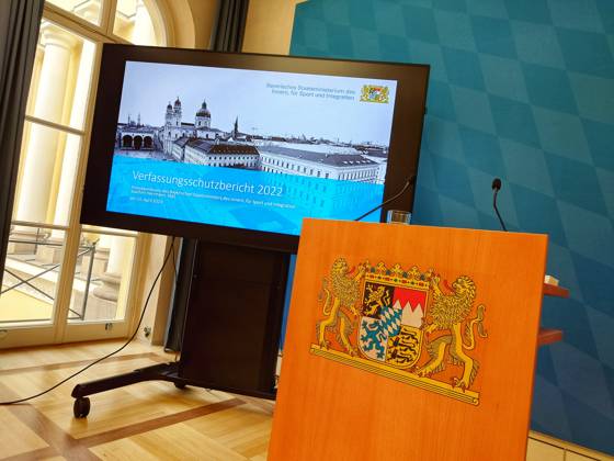 April 24, 2023, Munich, Bavaria, Germany: The Bavarian Verfassungsschutz (secret service, Office for the Protection of the Constitution) alongside the Bavarian Interior Minister released the half-year report detailing threats to the state, which continue to include elements that are exploiting the Corona pandemic, as well as emerging elements that are exploiting discontent revolving around the energy crisis that has resulted from Russiaâ€⠢s illegal invasion of Ukraine. Monitors of the anti-state elements are noting that the so-called â€oeQuerdenker†spectrum are now evolving their wedge topics away from Corona and vaccines and towards the energy crisis and what they see as non-favorable sanction politics against Russia. The - ZUMAb160 20230424_zbp_b160_003 Copyright: xSachellexBabbarx