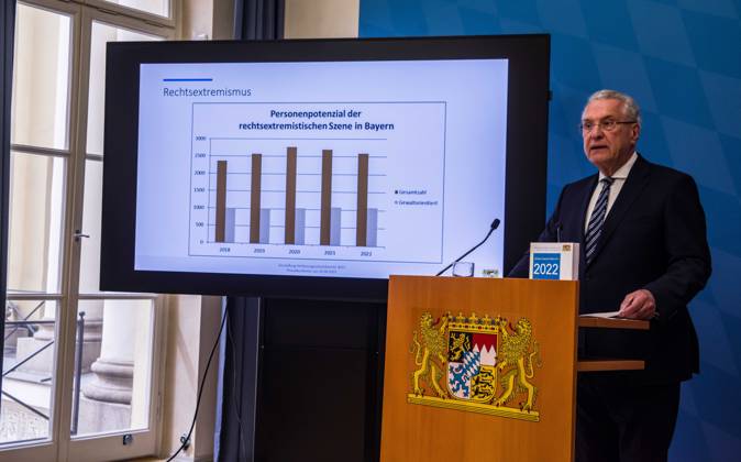 April 24, 2023, Munich, Bavaria, Germany: JOACHIM HERRMANN, Interior Minister of the State of Bavaria. The Bavarian Verfassungsschutz (Secret Service, Office for the Protection of the Constitution) released the 2022 report detailing threats to the state of Bavaria and the country. Over the past years, conspiracy theorists, new age and wellness extremists, right-extremists, Reichsbuerger (sovereign citizens), and various enemies of democracy have taken a leading role against the German state and society, with such cases as Terror Gruppe S. and the alleged Reichsbuerger terrorist plot to topple the state underscoring that the threats are not giving up. Other threats to the state include those that may be directed by Russian intelligence as - ZUMAb160 20230424_zbp_b160_009 Copyright: xSachellexBabbarx