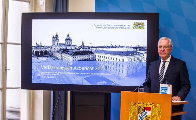 April 24, 2023, Munich, Bavaria, Germany: JOACHIM HERRMANN, Interior Minister of the State of Bavaria. The Bavarian Verfassungsschutz (Secret Service, Office for the Protection of the Constitution) released the 2022 report detailing threats to the state of Bavaria and the country. Over the past years, conspiracy theorists, new age and wellness extremists, right-extremists, Reichsbuerger (sovereign citizens), and various enemies of democracy have taken a leading role against the German state and society, with such cases as Terror Gruppe S. and the alleged Reichsbuerger terrorist plot to topple the state underscoring that the threats are not giving up. Other threats to the state include those that may be directed by Russian intelligence as - ZUMAb160 20230424_zbp_b160_031 Copyright: xSachellexBabbarx