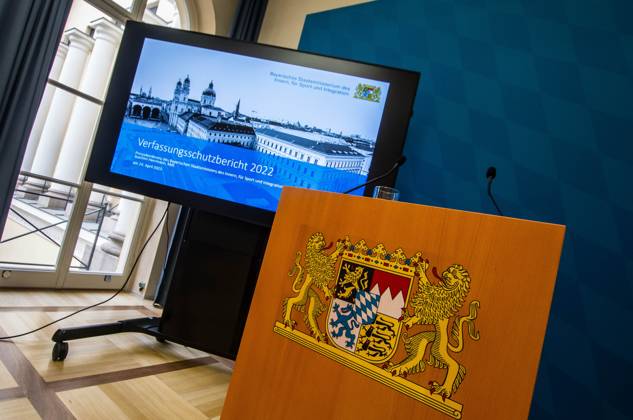 April 24, 2023, Munich, Bavaria, Germany: The Bavarian Verfassungsschutz (Secret Service, Office for the Protection of the Constitution) released the 2022 report detailing threats to the state of Bavaria and the country. Over the past years, conspiracy theorists, new age and wellness extremists, right-extremists, Reichsbuerger (sovereign citizens), and various enemies of democracy have taken a leading role against the German state and society, with such cases as Terror Gruppe S. and the alleged Reichsbuerger terrorist plot to topple the state underscoring that the threats are not giving up. Other threats to the state include those that may be directed by Russian intelligence as part of their Hybrid Warfare campaign against the west. Muni - ZUMAb160 20230424_zbp_b160_053 Copyright: xSachellexBabbarx