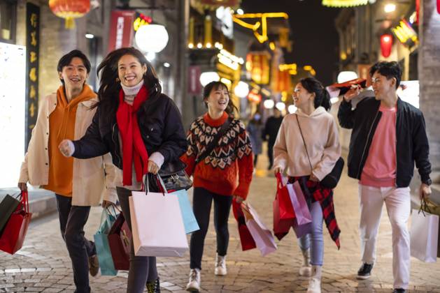 Happy young Chinese friends shopping for Chinese New Year Beijing China Copyright: xLanexOateyx bji06860075