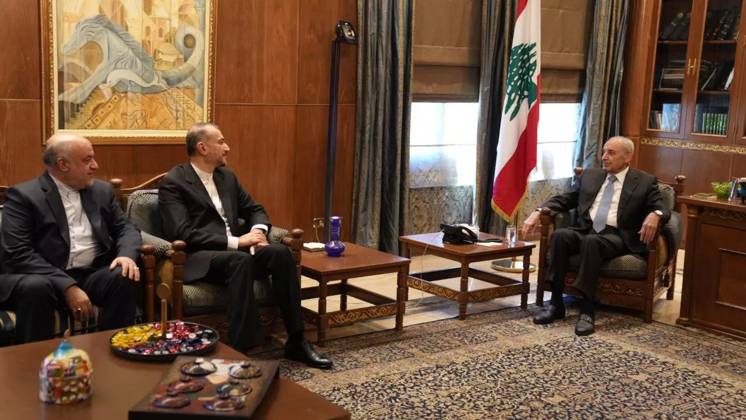 April 27, 2023, BEIRUT, BEIRUT, LEBANON: Lebanese Parliament Speaker NABIH BERRI (R) meets with Iranian Foreign Minister HOSSEIN AMIR-ABDOLLAHIAN (2L) in Beirut on April 27, 2023. BEIRUT LEBANON - ZUMAi98_ 20230427_zih_i98_002 Copyright: xIranianxForeignxMinistryx