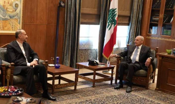 April 27, 2023, BEIRUT, BEIRUT, LEBANON: Lebanese Parliament Speaker NABIH BERRI (R) meets with Iranian Foreign Minister HOSSEIN AMIR-ABDOLLAHIAN (L) in Beirut on April 27, 2023. BEIRUT LEBANON - ZUMAi98_ 20230427_zih_i98_008 Copyright: xIranianxForeignxMinistryx