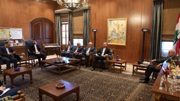 April 27, 2023, BEIRUT, BEIRUT, LEBANON: Lebanese Parliament Speaker NABIH BERRI (R) meets with Iranian Foreign Minister HOSSEIN AMIR-ABDOLLAHIAN (2R) in Beirut on April 27, 2023. BEIRUT LEBANON - ZUMAi98_ 20230427_zih_i98_011 Copyright: xIranianxForeignxMinistryx