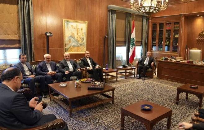 April 27, 2023, BEIRUT, BEIRUT, LEBANON: Lebanese Parliament Speaker NABIH BERRI (R) meets with Iranian Foreign Minister HOSSEIN AMIR-ABDOLLAHIAN (2R) in Beirut on April 27, 2023. BEIRUT LEBANON - ZUMAi98_ 20230427_zih_i98_012 Copyright: xIranianxForeignxMinistryx