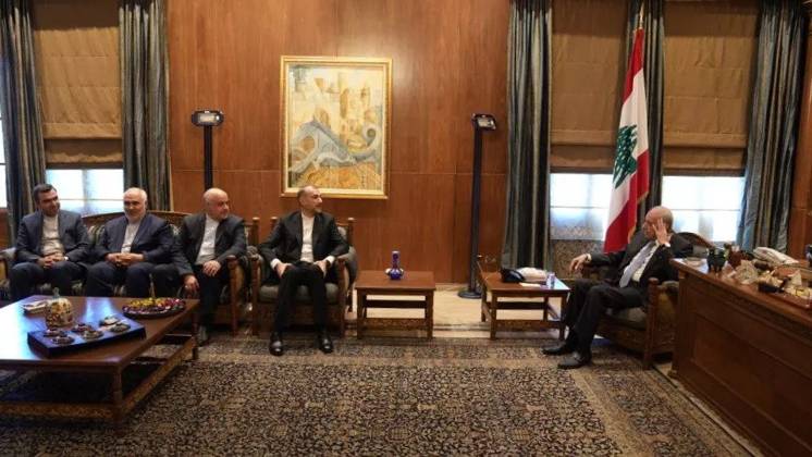 April 27, 2023, BEIRUT, BEIRUT, LEBANON: Lebanese Parliament Speaker NABIH BERRI (R) meets with Iranian Foreign Minister HOSSEIN AMIR-ABDOLLAHIAN (2R) in Beirut on April 27, 2023. BEIRUT LEBANON - ZUMAi98_ 20230427_zih_i98_013 Copyright: xIranianxForeignxMinistryx