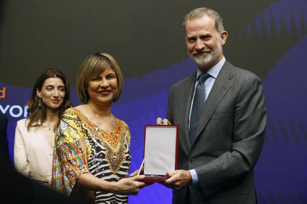 Entertainment Bilder des Tages 08-05-2023 Madrid King Felipe presenting the Ruth Bader Ginsburg Medal of Honor to Imrana Jalal during the World Peace & Liberty Award in Madrid. Â  Copyright: xPPEx
